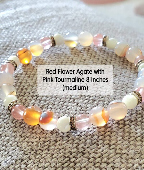 Homespun Crafts By Stacy Red Flower, Agate Pink, Tourmaline Natural Handcrafted Boho Gemstone Beaded Bracelet - 8in