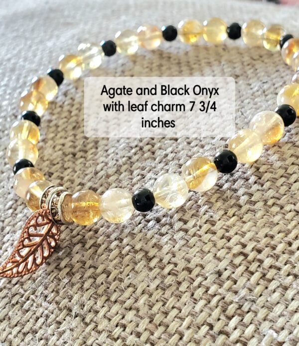 Homespun Crafts By Stacy Agate, Black Onyx, Leaf Charm Natural Handcrafted Boho Gemstone Beaded Bracelet - 7.75in