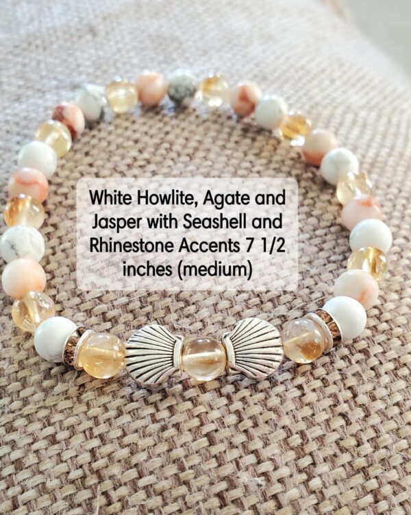 Homespun Crafts By Stacy White Howlite, Agate, Jasper Seashell With Rhinestone Accents Natural Handcrafted Boho Gemstone Beaded Bracelet - 7.5in