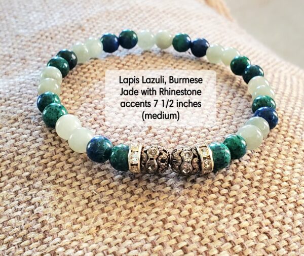 Homespun Crafts By Stacy Lapis Lazuli, Burmese Jade, Rhinestone Accents Natural Handcrafted Boho Gemstone Beaded Bracelet - 7.5in