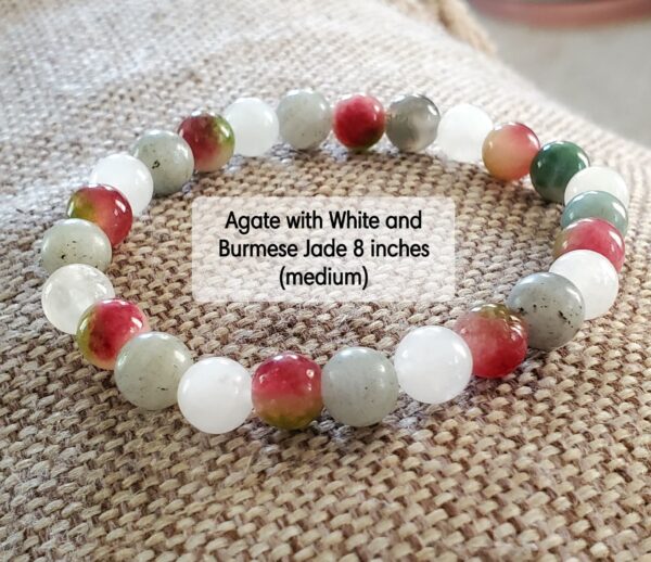 Homespun Crafts By Stacy Agate, White Jade, Burmese Jade Natural Handcrafted Boho Gemstone Beaded Bracelet - 8in