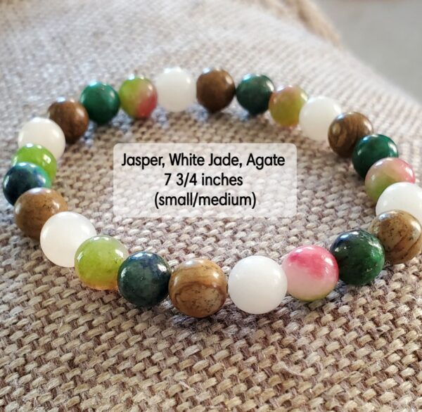 Homespun Crafts By Stacy Jasper, White Jade, Agate Natural Handcrafted Boho Gemstone Beaded Bracelet - 7.75in