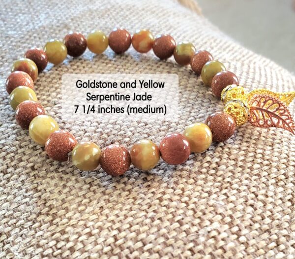 Homespun Crafts By Stacy Goldstone, Yellow Serpentine Jade Natural Handcrafted Boho Gemstone Beaded Bracelet - 7.25in