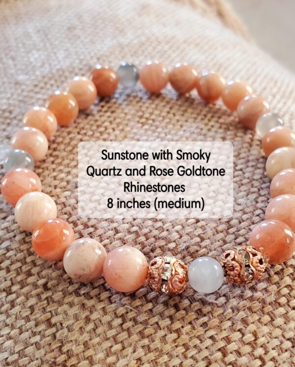 Homespun Crafts By Stacy Sunstone, Smoky Quartz, Rose Goldstone Rhinestones Natural Handcrafted Boho Gemstone Beaded Bracelet - 8in