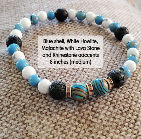 Homespun Crafts By Stacy Blue Shell, White Howlite, Malachite, Lava Stone, Rhinestone Accents Natural Handcrafted Boho Gemstone Beaded Bracelet - 8in