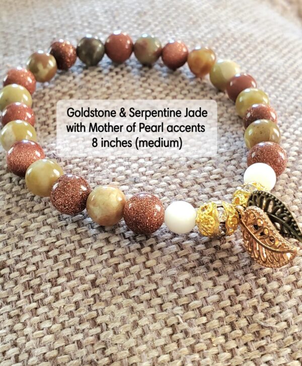 Homespun Crafts By Stacy Goldstone, Serpentine Jade, Mother Of Pearl Accents Natural Handcrafted Boho Gemstone Beaded Bracelet - 8in