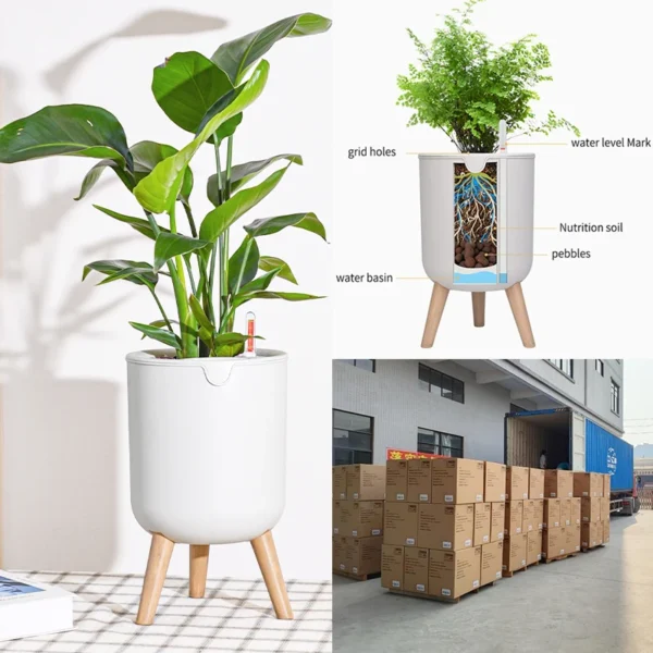 Indoor Decoration Balcony Pots Automatic Watering Bonsai Self Watering Plant Flower Pot With Wood Leg Stand