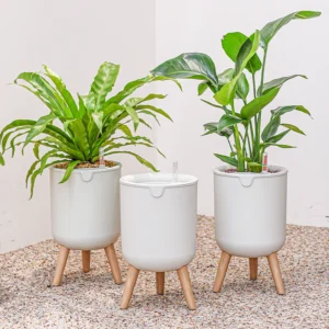 Indoor Decoration Balcony Pots Automatic Watering Bonsai Self Watering Plant Flower Pot With Wood Leg Stand