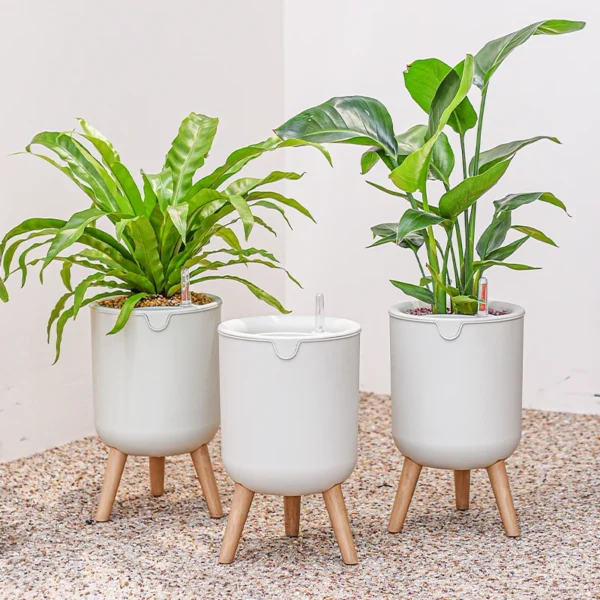 Indoor Decoration Balcony Pots Automatic Watering Bonsai Self Watering Plant Flower Pot With Wood Leg Stand